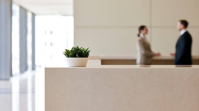 Modern office reception desk with a small green plant in foreground and blurred business professionals stand in background talking quietly