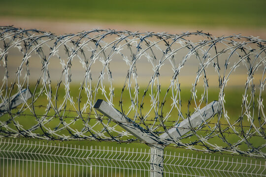 Coiled razor wire layered above a metal security fence with blurred green landscape beyond, detailed outdoor perimeter barrier viewed in close up