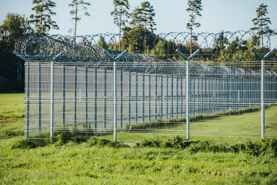 High security metal perimeter fence topped with coiled razor wire enclosing a grassy outdoor area beneath trees, photographed in daylight as a protective barrier installation