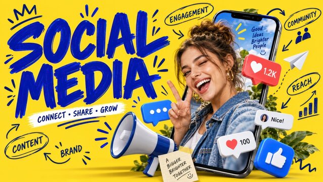 Smiling woman in smartphone screen with megaphone and social media