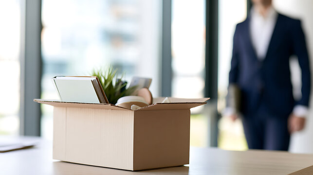 Cardboard box filled with personal belongings on a desk with a blurred businessman standing in the background symbolizing job loss and career
