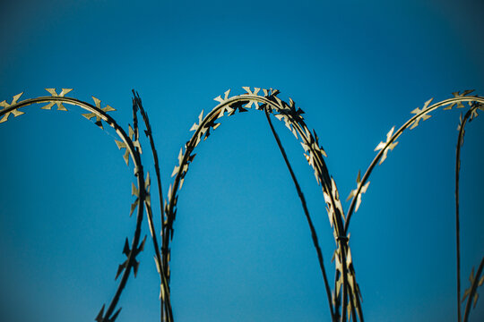 Barbed wire loops silhouetted against a vivid blue sky with repeating metal spikes and curved lines, abstract security barrier detail viewed from below