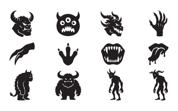Mythical horned demons beasts claws and fangs solid black silhouette icon graphics set on checkered layout.