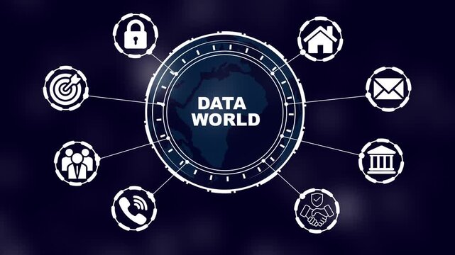 Global data network hud interface with connected digital icons and map animation