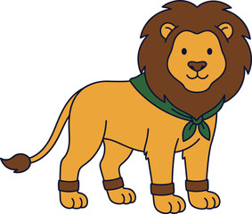 Obraz premium Simple lion character illustration standing wearing green bandana and brown bands for minimalist nursery art children logos and educational use.