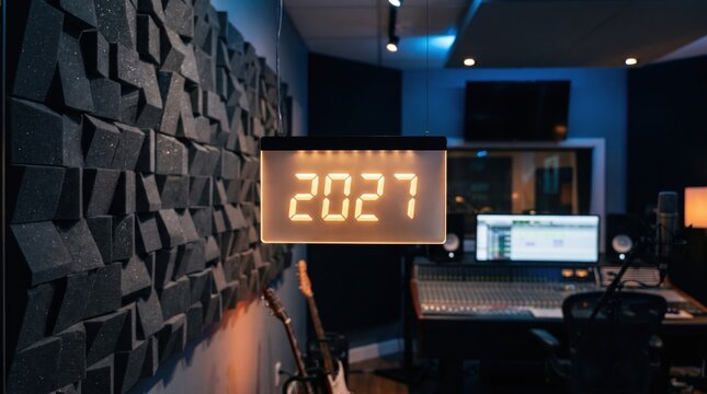 Glowing 2027 digital sign hanging in a professional music recording studio with acoustic foam walls