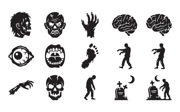 Black silhouette zombie and graveyard halloween scary design elements set on transparent background.