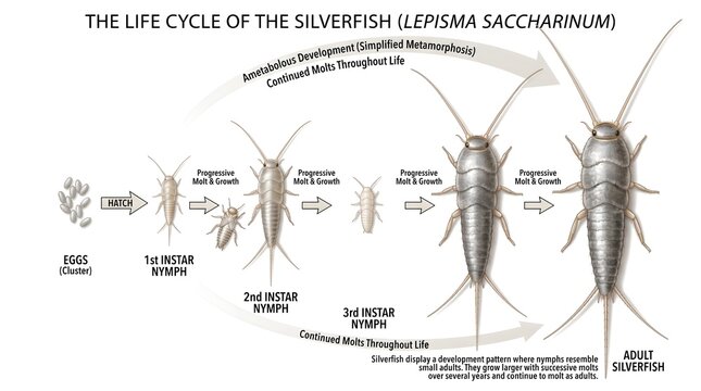Silverfish life cycle infographic diagram showing development stages of Lepisma saccharinum household pest biology vector illustration.