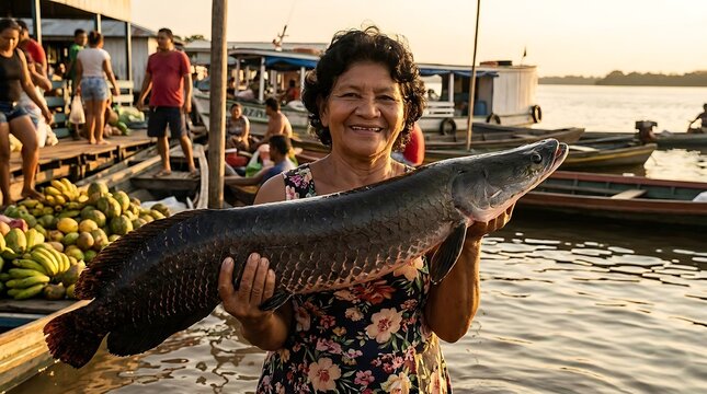 Smiling Amazonian woman proudly displays a large pirarucu fish at a riverside market in Amazonas Brazil