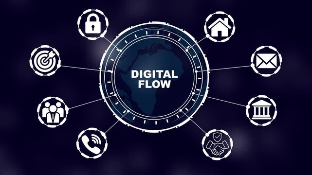 Digital flow global network infographic with connected business icons and earth globe animation