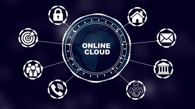 Global online cloud computing network interface with digital business icons and data connectivity