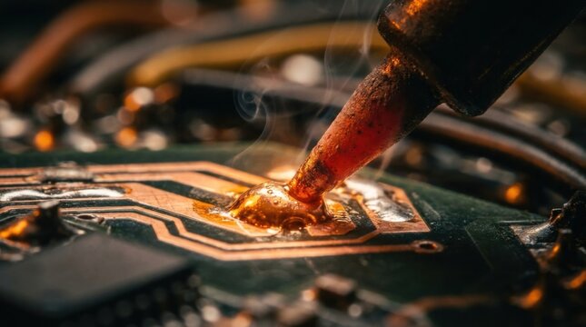 Macro shot of a soldering iron melting solder onto a circuit board trace with smoke and copper pads