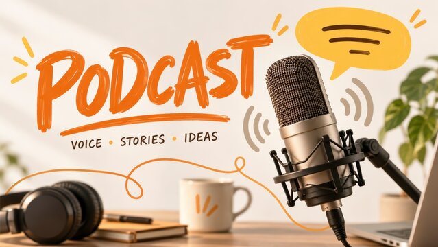 Podcast microphone with headphones and coffee mug audio content