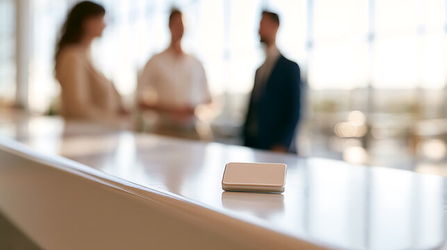 A small wireless call button device rest on a clean white glossy reception desk inside a modern corporate office interior with people blur