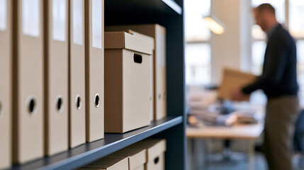 Obraz premium A business professional organize office archive storage room shelf with cardboard boxes and paper files in a corporate workspace environment background