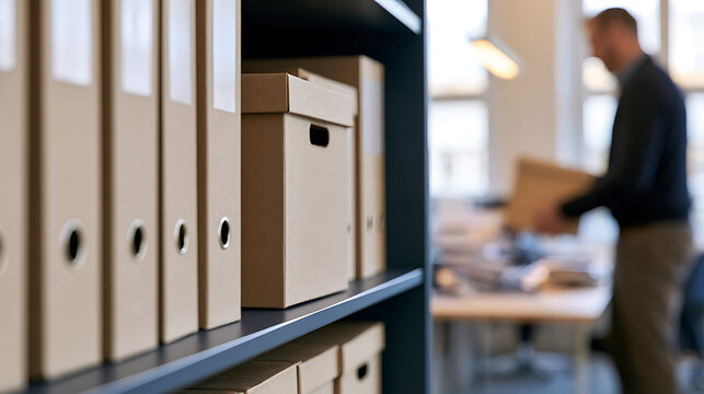 A business professional organize office archive storage room shelf with cardboard boxes and paper files in a corporate workspace environment background