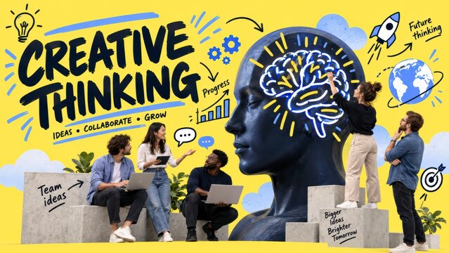 Diverse team collaborating on thinking business strategy development