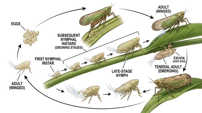 Leafhopper life cycle infographic diagram showing nymph stages and adult insect on green stem, agricultural pest biology vector illustration