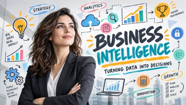 Businesswoman looking at business intelligence sketch corporate