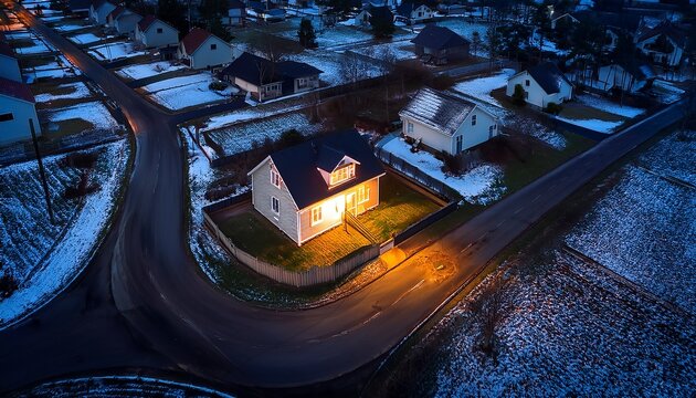 stunning photo of single brightly lit house glowing in the middle of a pitch black neighborhood during a power outage dramatic aerial view at night