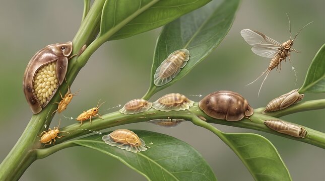 Scale insects infestation on plant stem, agricultural pest control close up biology illustration showing sap-sucking parasites on plant branch.