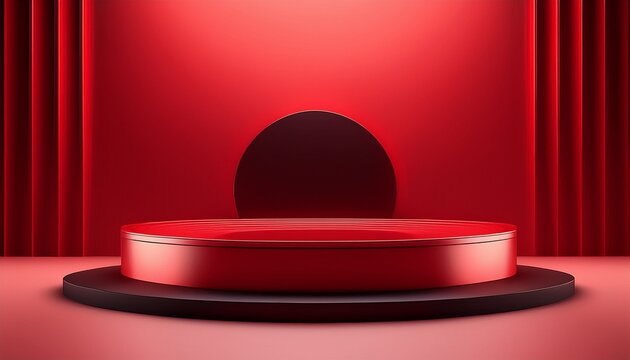 red podium on red background with smooth black halo minimalist modern stage elegant sleek design dramatic lighting high end contemporary presentation