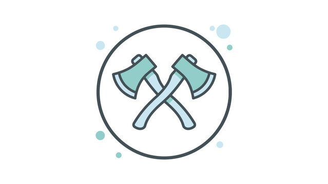Two crossed rustic wood chopping axes with teal blades inside round icon frame vector