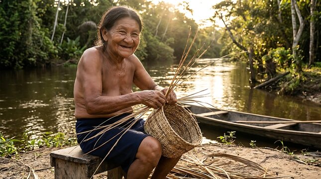 Elderly Indigenous Woman Weaving Basket by Amazon River at Sunset, Traditional Craftsmanship and Lifestyle