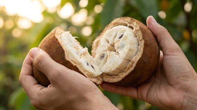 Close up of hands holding a freshly opened cupuacu fruit revealing its creamy white pulp and dark seeds in the Amazon rainforest