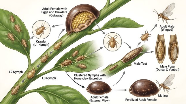 Scale insect life cycle infographic diagram showing developmental stages from egg to adult female on plant stems, agricultural pest control educational vector vector illustration.