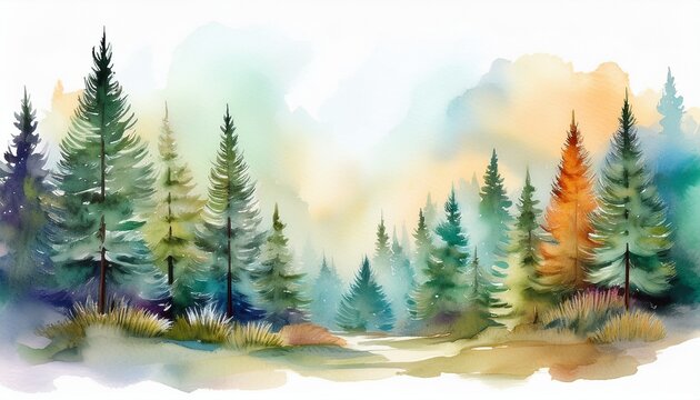 watercolor landscape with pine and fir trees generative ai