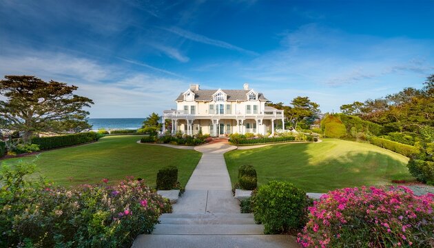 mediterranean inspired villa with a sprawling garden and a private beach access in the exclusive hamptons new york