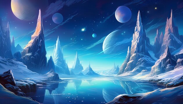 illustrate an icy and alien planet with towering ice spires frozen lakes and an alien sky filled with unfamiliar constellations game art