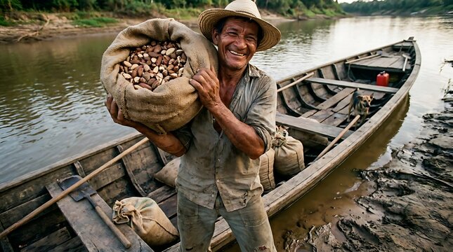 Smiling Amazonian man carrying sack of Brazil nuts on boat by river, embodying sustainable bioeconomy and traditional culture