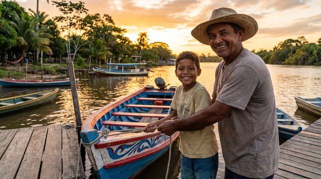 Joyful Amazonian father and son with straw hats on a wooden dock at sunset, pulling a colorful boat