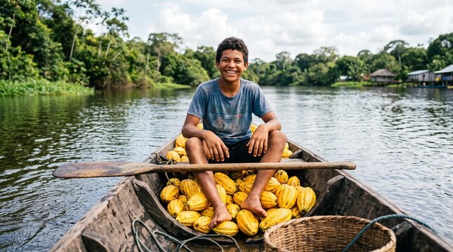 Smiling indigenous boy in canoe filled with ripe cocoa pods navigating Amazon river amidst lush rainforest