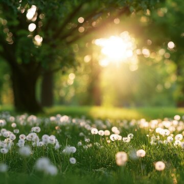 Sunlight filters through lush trees over a field of dandelions in a serene spring meadow during golden hour light