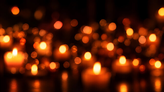 Warm candlelight bokeh glowing in amber and burnt orange against a dark background