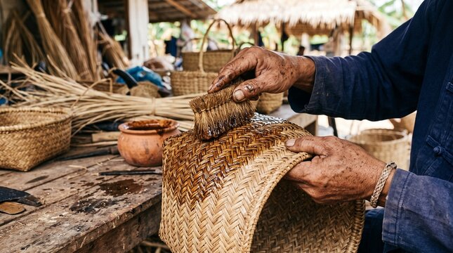 Amazonian artisan meticulously crafts a traditional basket, applying natural varnish with a brush, showcasing sustainable bioeconomy and cultural heritage