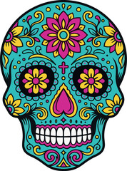 Fototapeta premium Vibrant turquoise Mexican sugar skull illustration with floral ornaments and cross. Traditional Calavera vector artwork for Dia de los Muertos, festival, Halloween and tattoo, isolated on background.
