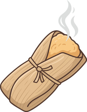 Hot Mexican tamale wrapped in dried corn husk with rising steam. Traditional Latin American corn dough food vector for Dia de los Muertos, holiday menu, isolated on a transparent background.
