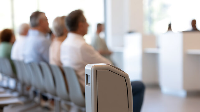 People sit in queue at modern office waiting room hall, take ticket machine in foreground focus, customer service concept for business project