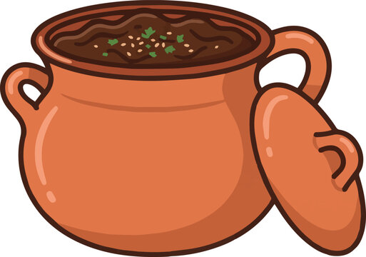 Traditional Mexican clay cooking pot with delicious mole stew and sesame seeds. An authentic olla de barro vector illustration for food menus, Dia de los Muertos, isolated on a transparent background.