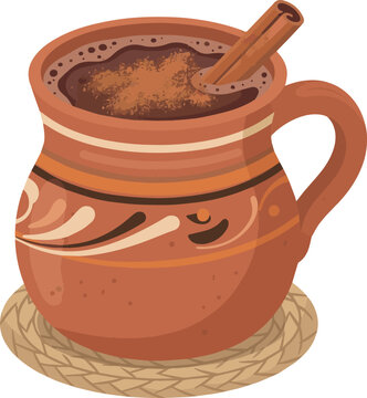 Traditional Mexican clay mug with hot chocolate and cinnamon stick on coaster. Authentic cafe de olla vector illustration for Day of the Dead, holiday and food menu, isolated on transparent background