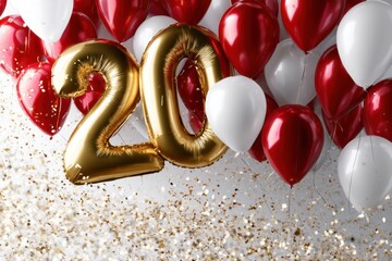 Fototapeta premium Festive golden number 20 balloons surrounded by red and white festive latex balloons with shimmering confetti celebrating a special anniversary or milestone event