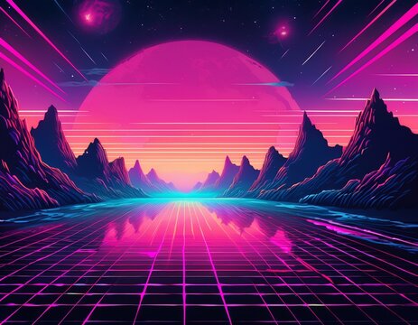 synthwave retro cyberpunk style landscape background