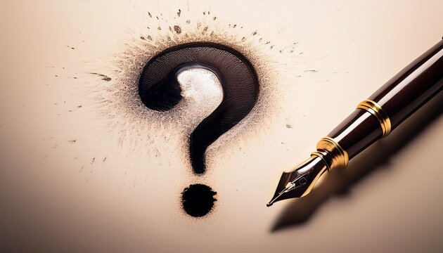ink question mark and a pen the image evokes a sense of thought and introspection