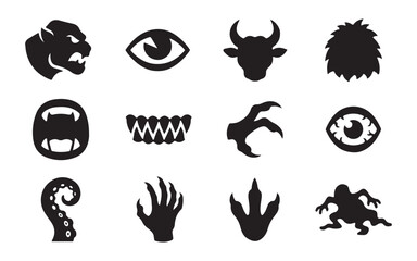 Obraz premium Monster body parts and creature anatomy black silhouette icons set for fantasy role playing games art.