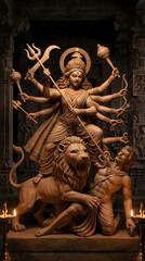 Fototapeta premium Intricate wooden sculpture of goddess durga defeating mahishasura in a temple setting