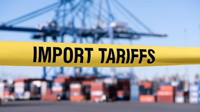 Import tariffs concept with yellow caution tape blocking international trade at a busy container port terminal with large cranes and cargo boxes